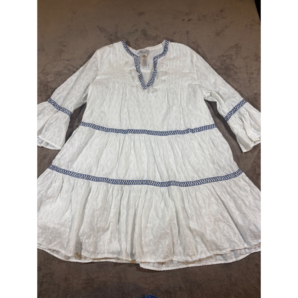 Tommy Bahama White Cotton Tiered Tunic Dress Blue Embroidery Tassel XL
